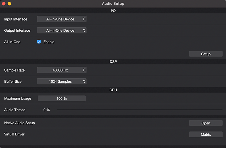 The Audio Setup Window in SoundDesk which let's you change Input & Output devices as well as open up the Virtual Driver Matrix.