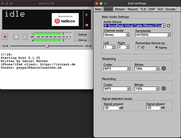 The main BUTT window next to the settings window, set to the Audio tab and with the SoundDesk Virtual Cable selected as the Audio Device.