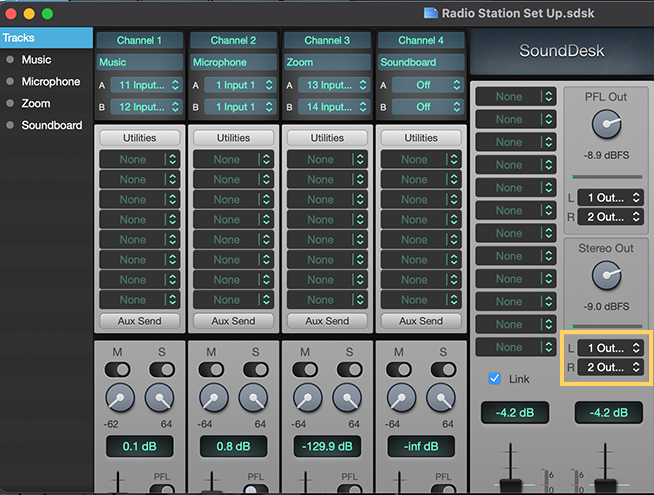 The SoundDesk Mixer highlighting the master output with a yellow box.