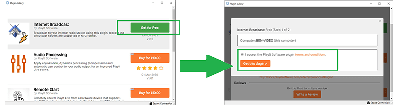The plugin library windows to install the internet broadcast plugin.