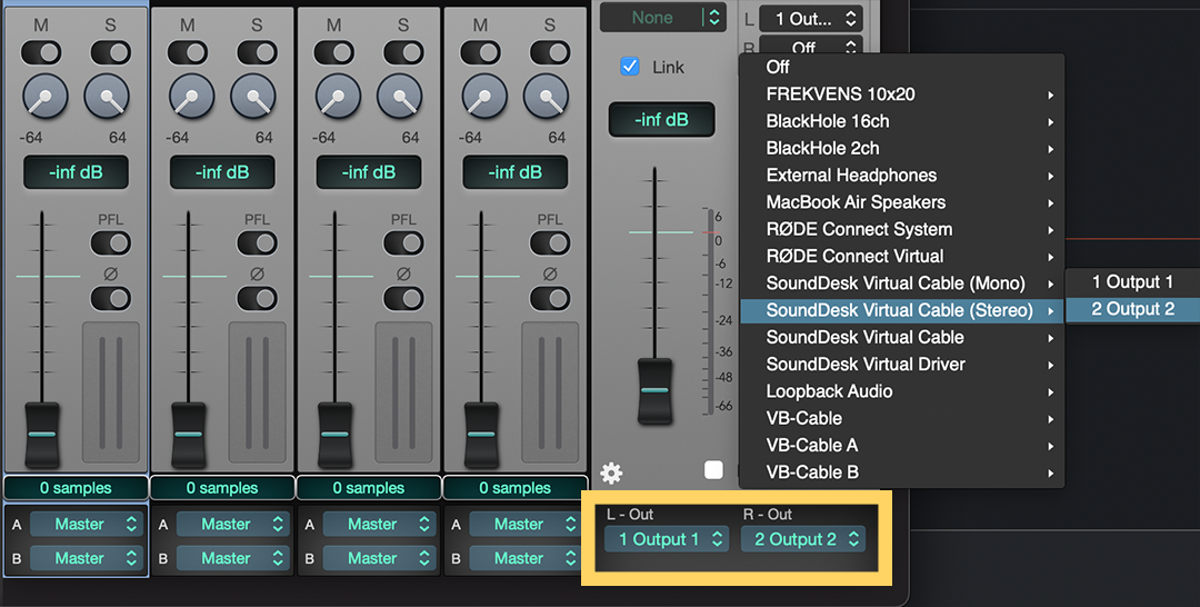 The SoundDesk Mixer highlighting the master output with a yellow box.