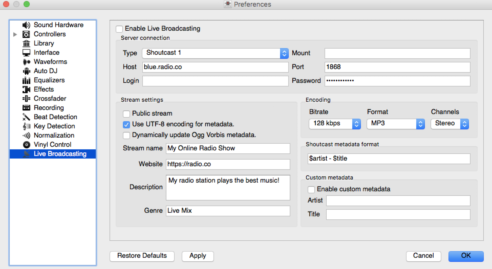 Mixxx Broadcast Settings