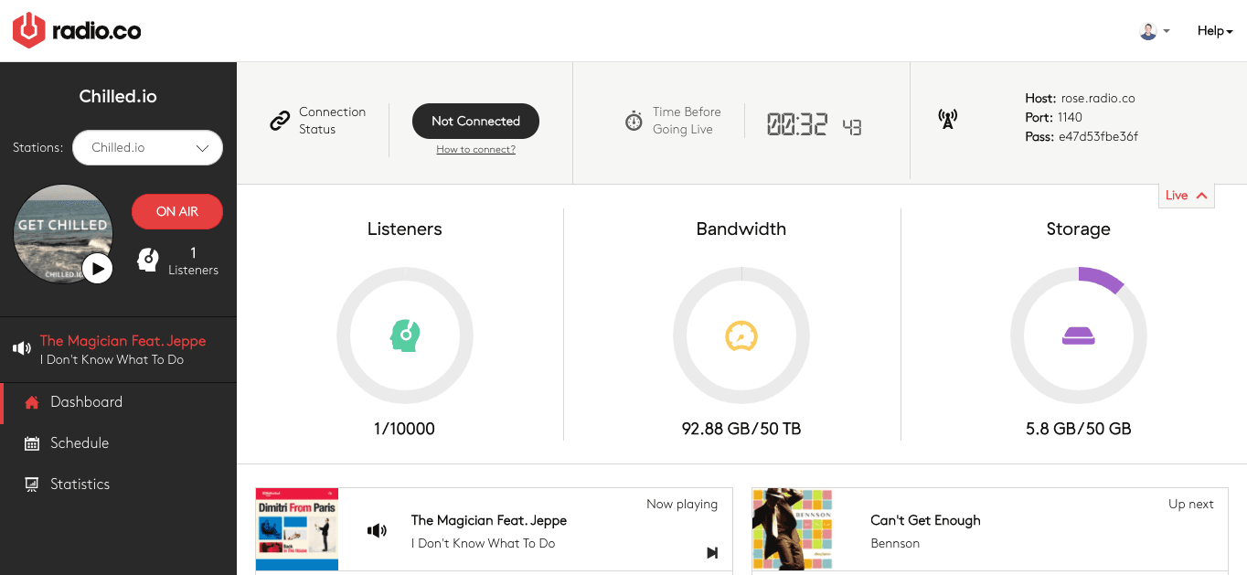 User view of dashboard and countdown timer to live event takeover