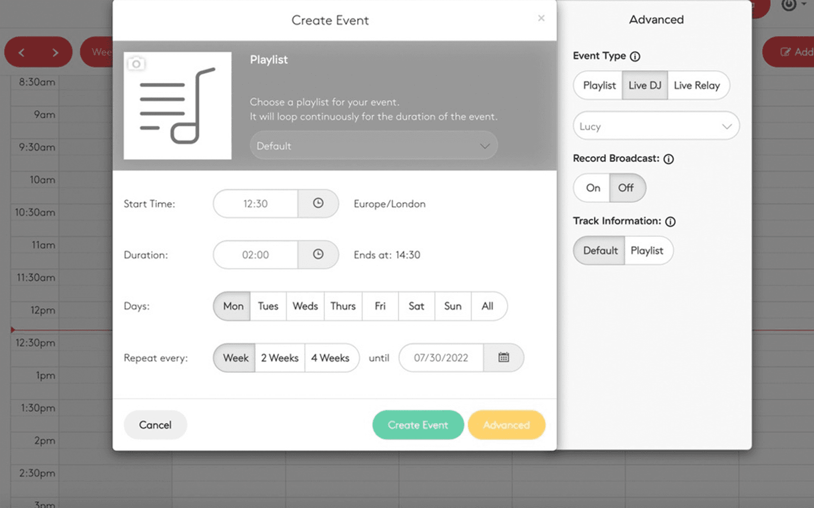 The create event window and advanced settings panel in Radio.co.