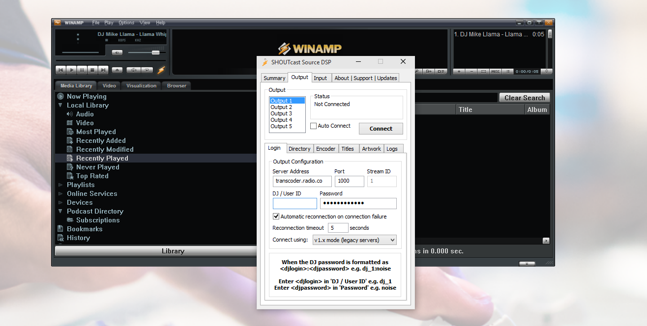 Winamp SHOUTcast DSP Broadcaster Details